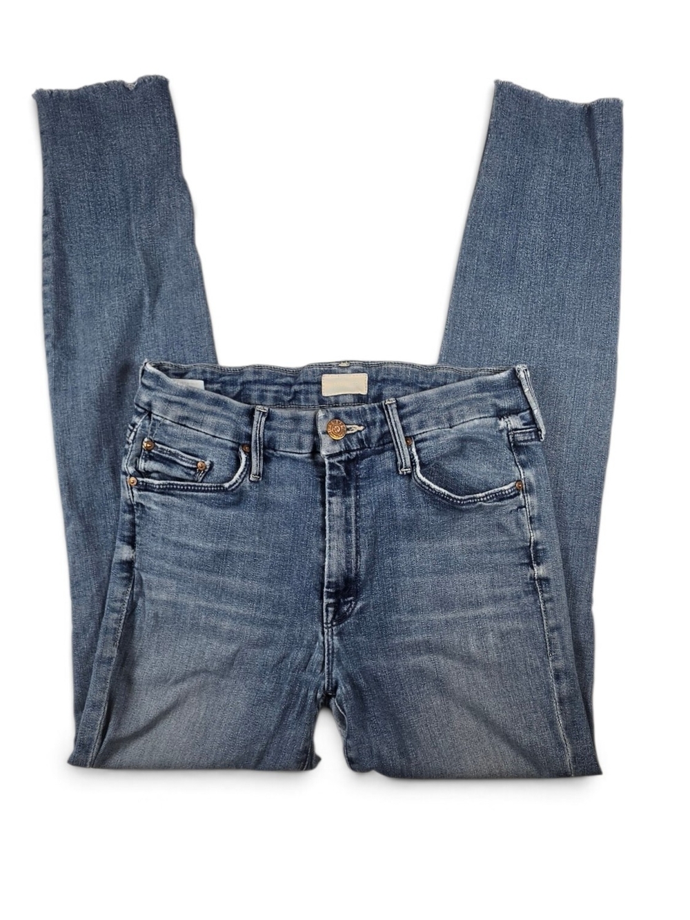 MOTHER Women’s Blue Skinny Jeans Cropped Raw Hem Distressed Size 26